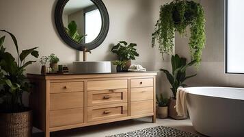 Interior of modern bathroom with houseplants, chest of drawers and mirror, photo