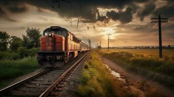 tren en el ferrocarril, puesta de sol antecedentes generativo ai foto