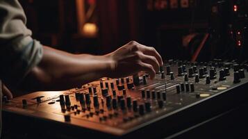 DJ creating music on modern console mixer in night club, photo