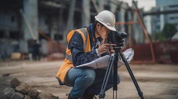 Smart civil architect engineer inspecting and working outdoors structure building site with blueprints. engineering and architecture concept, photo