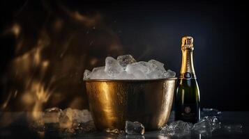 Bottle of champagne in bucket of ice on gold blink blurred background, photo