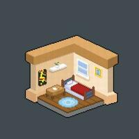 isometric bedroom in pixel art style vector