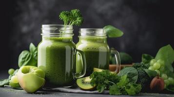 Glass jar mugs with green health smoothie, kale leaves, lime, apple, kiwi, grapes, banana, avocado, lettuce. vegan, vegetarian, alkaline food concept, photo