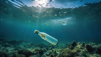 botella el plastico contaminación en Oceano - submarino brillar con basura flotante en mar - ambiental problema, generativo ai foto