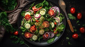 Healthy vegetable salad of fresh tomato, cucumber, onion, spinach, lettuce and sesame on plate. Diet menu. Top view, photo