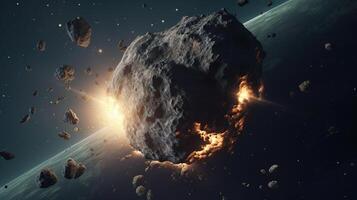 asteroide impacto en tierra - meteorito en colisión - Contiene 3d representación - elementos de esta imagen amueblado por nasa, generativo ai foto