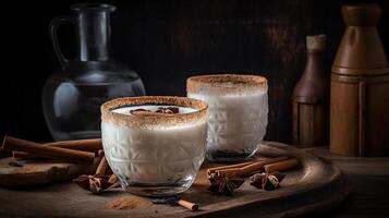 delicioso horchata con canela en el cima. arroz agua. valenciano horchata hecho con arroz, Leche y canela Adición. mexicano beber. vegetariano cóctel. arroz leche, generativo ai foto