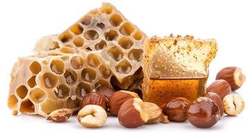 Honeycomb and wooden dippers set isolated on white background. Package design element with clipping path, photo