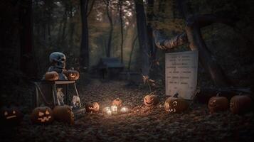 cementerio a noche con calabazas y esqueletos - Víspera de Todos los Santos tarjeta en bosque con de madera firmar junta, generativo ai foto