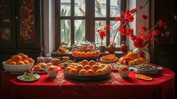 Table with beautiful decorations for Chinese New Year celebration in room, generative ai photo