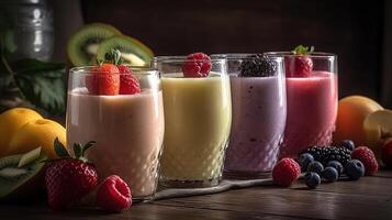 Fresh fruit smoothies closeup food photography, low angle, photo