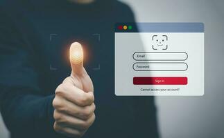Man touching fingerprint of Security password login online concept  Hands typing and entering username and password of social media, log in with smartphone to an online bank account, data protection. photo
