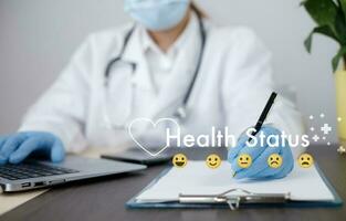 The Woman Doctor uses a pen to write a notebook for Health status excellence in the Health Status evaluation form, Hospital documents. Medical insurance forms, Doctor paperwork, Health Status concept photo