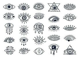 Mystic evil eyes doodles, spiritual turkish eye symbol. Hand drawn esoteric magic eye, ornamental amulet, good luck souvenir Vector set