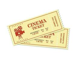 Two cinema tickets, realistic movie ticket mockup. Old vintage movies show entrance pass, film festival admission coupon vector template