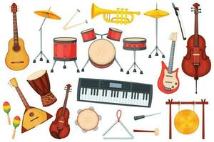 Cartoon music instruments for orchestra or jazz performance. Drums, electric guitar, trumpet, piano, classical musical instrument vector set