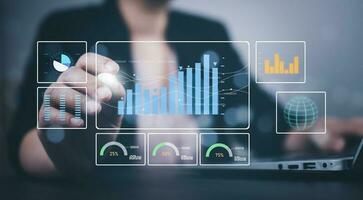 Working Data Analytics and Data Management Systems and Metrics connected to corporate strategy database for Finance, Intelligence,  Business Analytics with Key Performance Indicators, social network photo