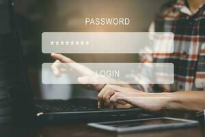 Security password login online concept  Hands typing and entering username and password of social media, log in with smartphone to an online bank account, data protection from hacker photo