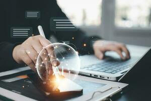 Programmer people working laptops and touch bar Chat bot with AI, Artificial Intelligence, System Artificial intelligence and artificial intelligence chatbot, Digital chatbot, Robot application, photo