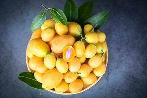 tropical Fruta nombre en Tailandia dulce amarillo mariano ciruela maprang plango o mayong niño, mariano ciruela Fruta y hojas en plato en de madera antecedentes foto