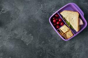 Delicious healthy sandwich in a lunch box, cookies and cherries. Take lunch with you to school or the office. photo