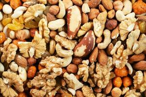 Background texture mixture of nuts and dried fruits. Concept of healthy vegetarian food. close up photo