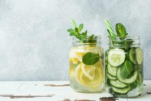 Detox water for healthy lifestyle. Fresh water in jar with lemon, cucumber and mint on wooden table. Copy space photo