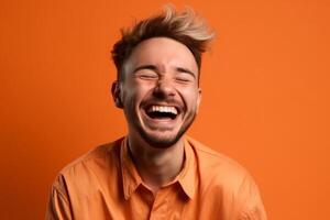 a man on solid color background photoshoot with Laugh face experession photo