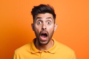 a man on solid color background photoshoot with Surprise facial expression photo