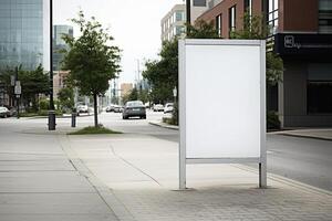 A blank white billboard mockup on a sidewalk in a city photo