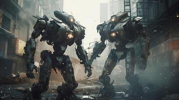A futuristic clash between two immense robotic warriors photo