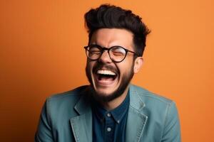 a man on solid color background photoshoot with Laugh face experession photo