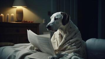 Cute dog in a blanket reading a newspaper on the bed at home photo