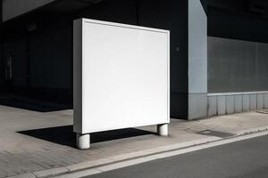 A blank white billboard mockup on a sidewalk in a city photo