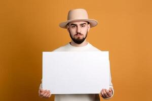 A man holds a blank white sign board mockup in his hand photo