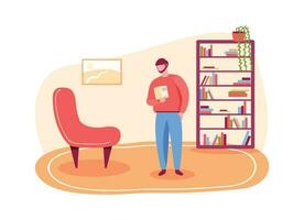 Man in library reading book, study and education vector