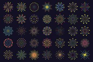 Colorful Fireworks icon, abstract festive firecracker sparkle. Firework explosion, bengal lights burst party celebration elements vector set