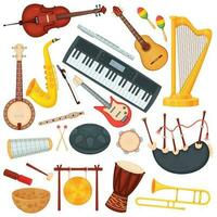 Cartoon musical instruments, classic orchestra music elements. Saxophone, trombone, harp, bongo drum, acoustic guitar jazz instrument vector set