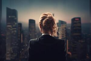 Back view of businesswoman looking at skyscrapers represents Youthful Courage in the business world photo