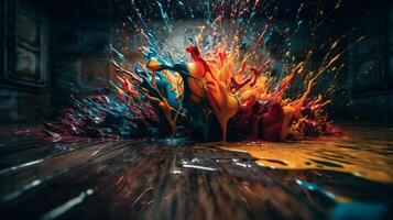 Colorful paint splashes on wooden background. Close up view. photo