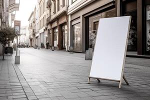 A blank white billboard mockup on a sidewalk in a city photo