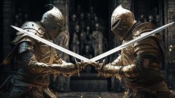 ai generativo dos medieval caballeros luchando con espadas en frente de el gótico catedral foto