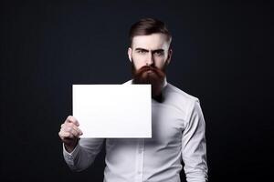 A man holds a blank white sign board mockup in his hand photo