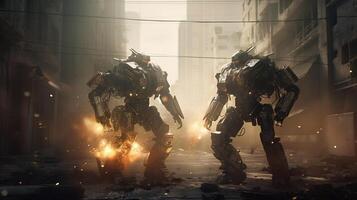 A futuristic clash between two immense robotic warriors photo