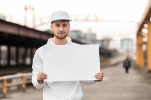 A man holds a blank white sign board mockup in his hand photo