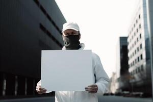 A man holds a blank white sign board mockup in his hand photo