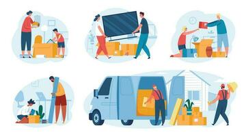 People moving houses, family relocating to new home. Characters unpacking things, delivery workers loading boxes in truck vector set