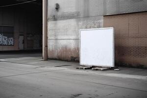 A blank white billboard mockup on a sidewalk in a city photo