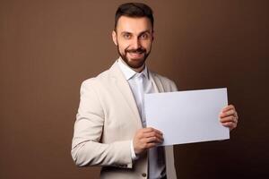 A man holds a blank white sign board mockup in his hand photo