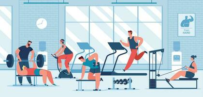 People exercise at fitness gym, training with sports equipment. Characters running on treadmill, lifting dumbbells vector illustration